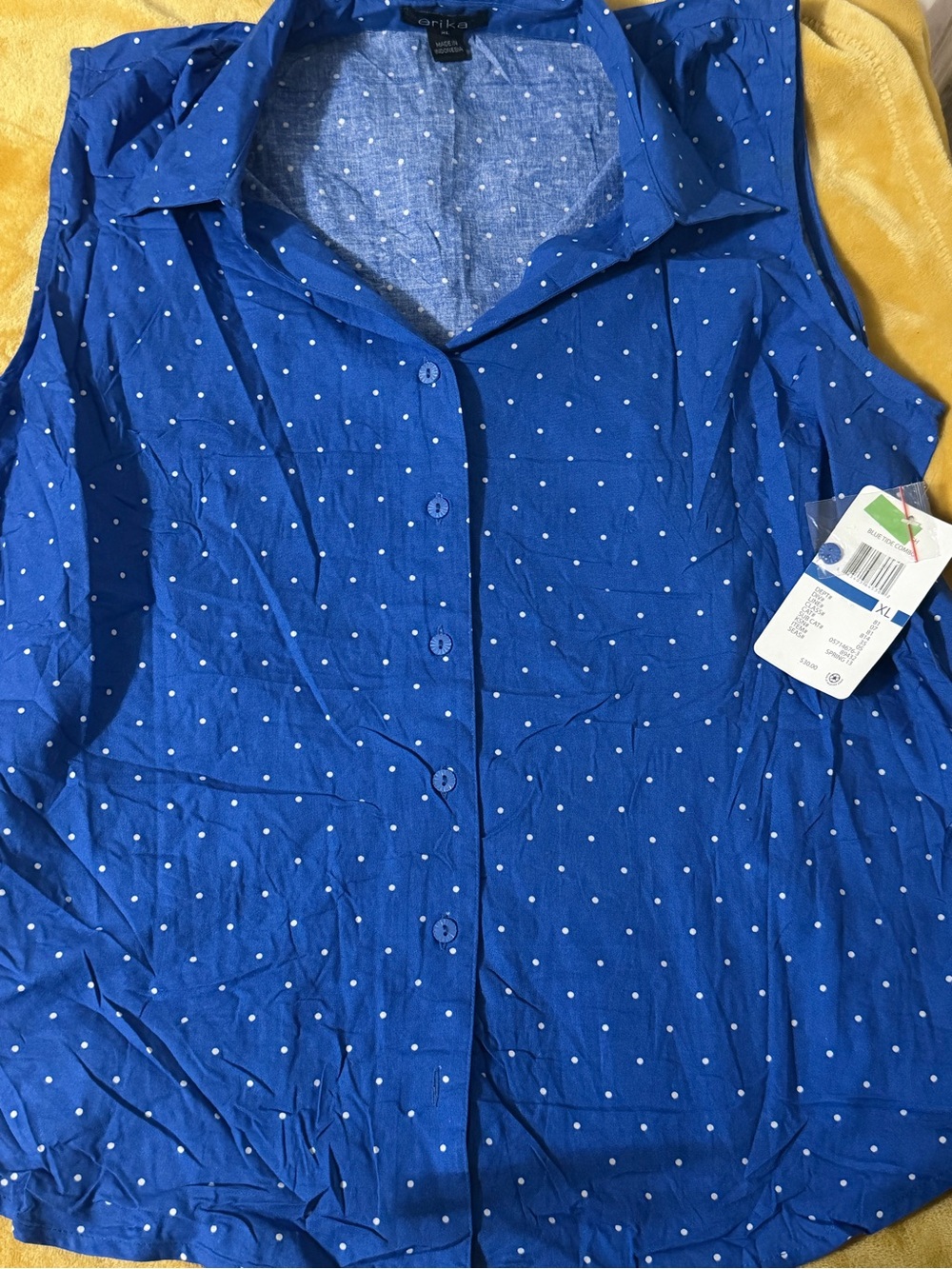 Erika Women’s Blue Polka Dot Button-Up Sleeveless Top